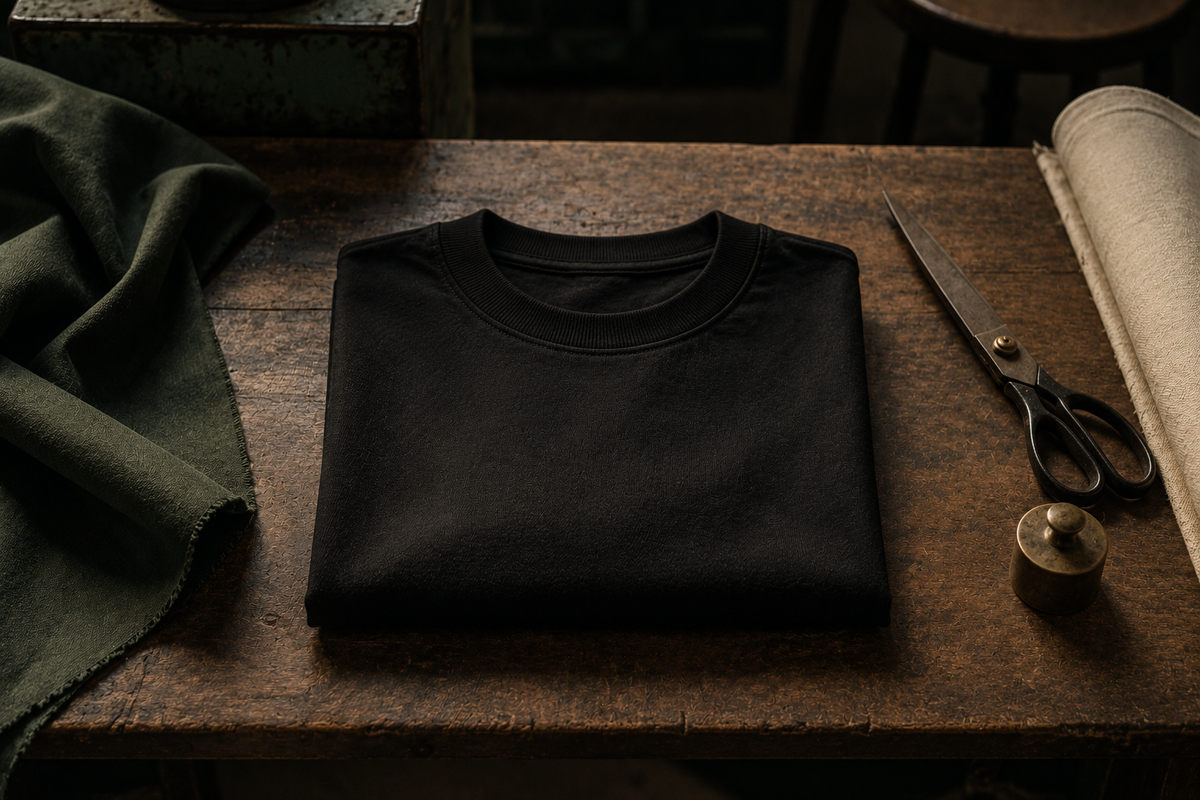 A folded black tee on a workbench beside tailor's shears, a brass weight and a roll of cloth.