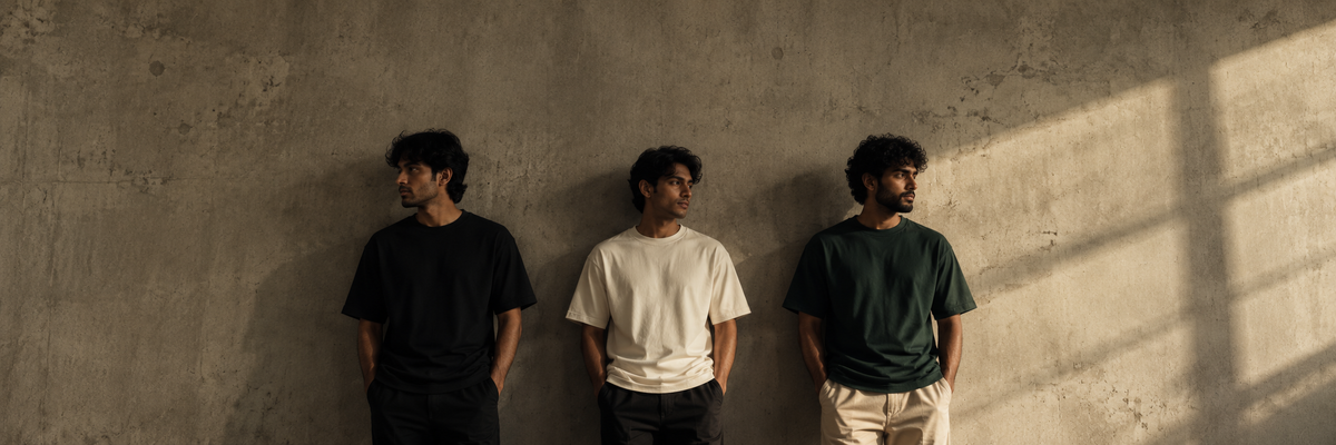 Three people standing side by side against a concrete wall in plain heavyweight tees.
