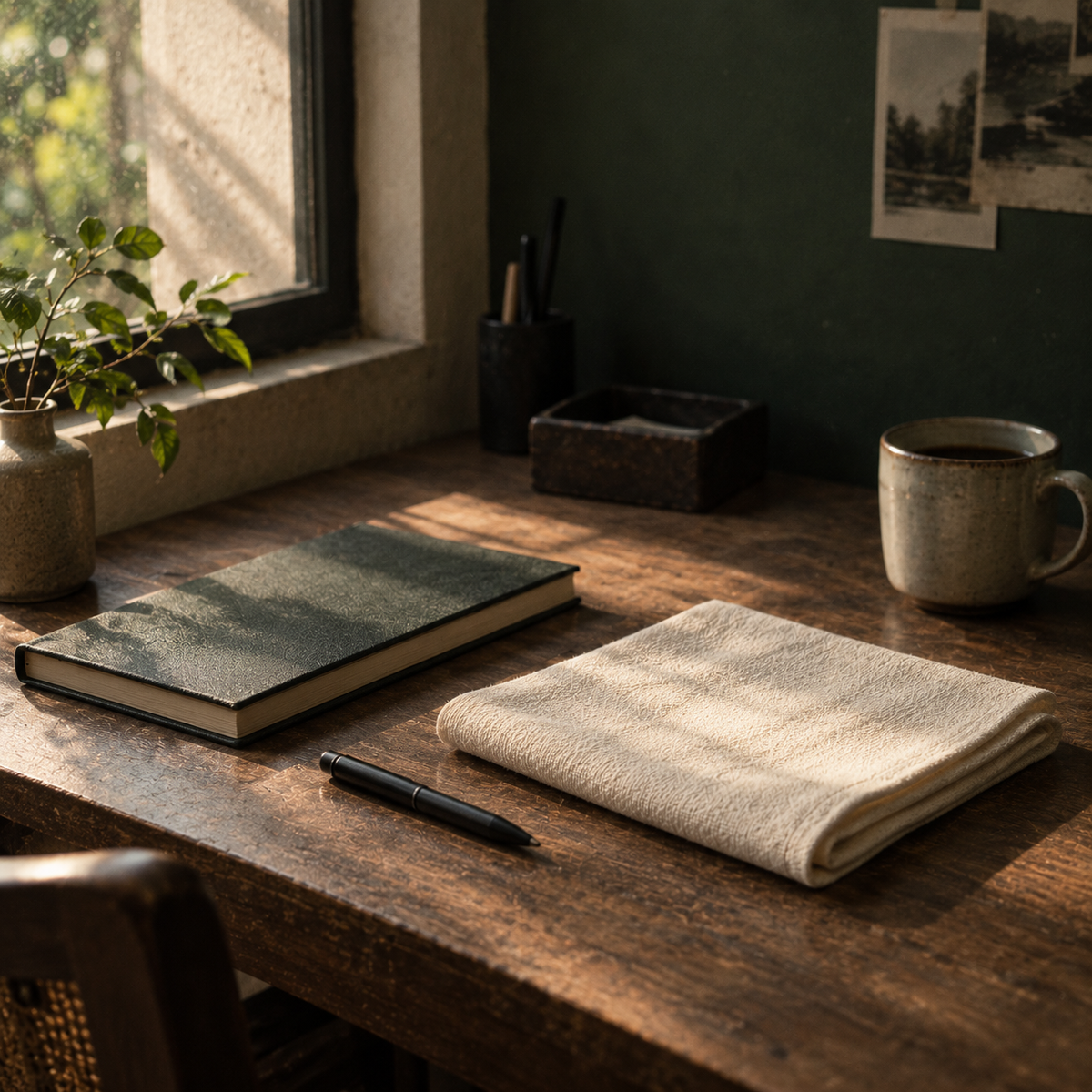 A notebook, a folded cloth and a mug on a desk beside a window.