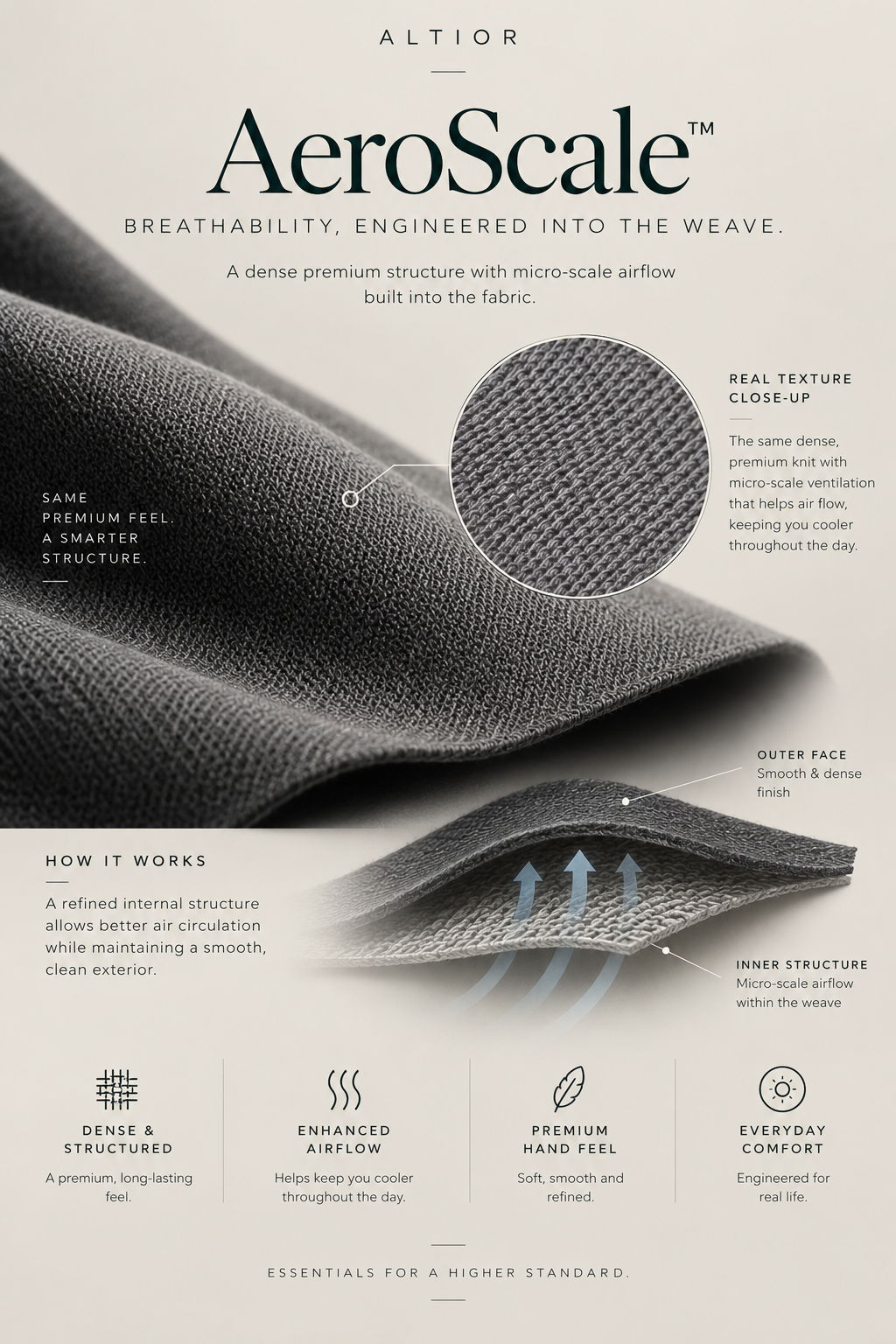 Altior AeroScale™ fabric diagram: a smooth, dense outer face with micro-scale airflow moving through the inner structure of the knit.