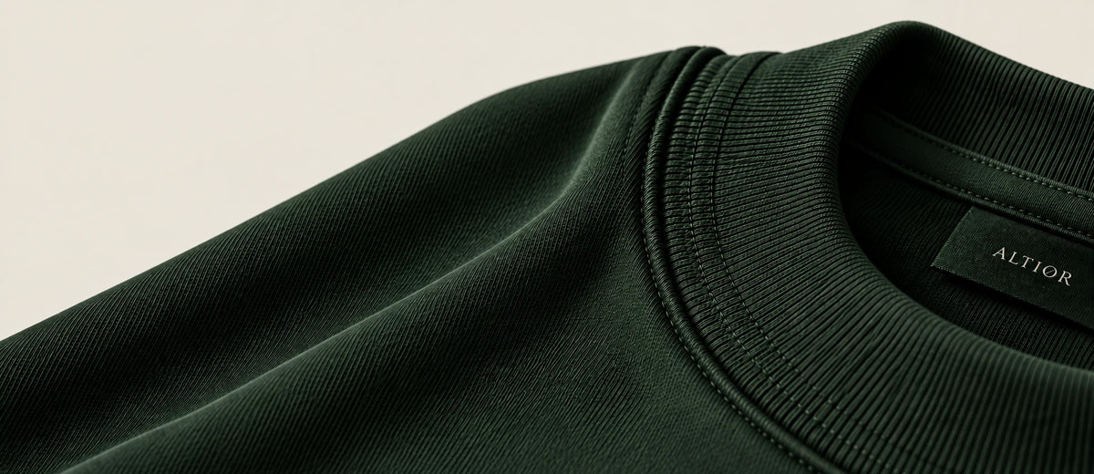 Green Core Tee collar in close-up: 300 GSM ribbed band, twin-needle stitching and the ALTIOR neck label