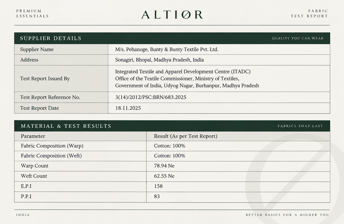 ALTIOR Core Tee fabric test report — ITADC certified, 100% cotton, 240 GSM