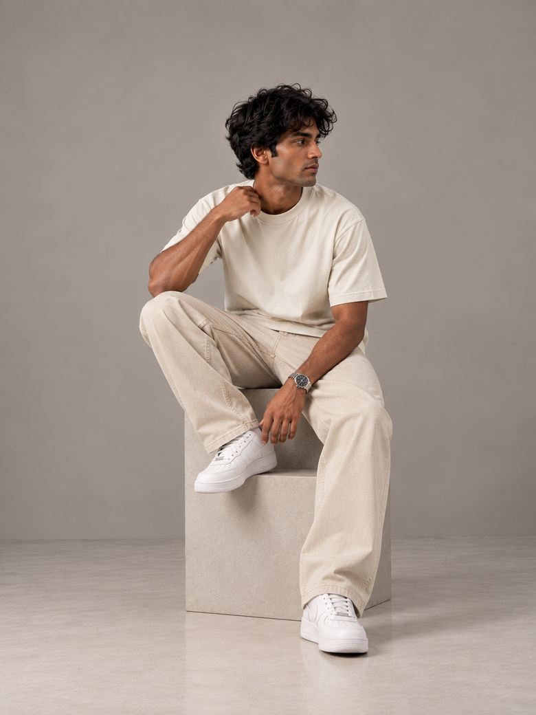ALTIOR Core Tee in Bone — seated, candid